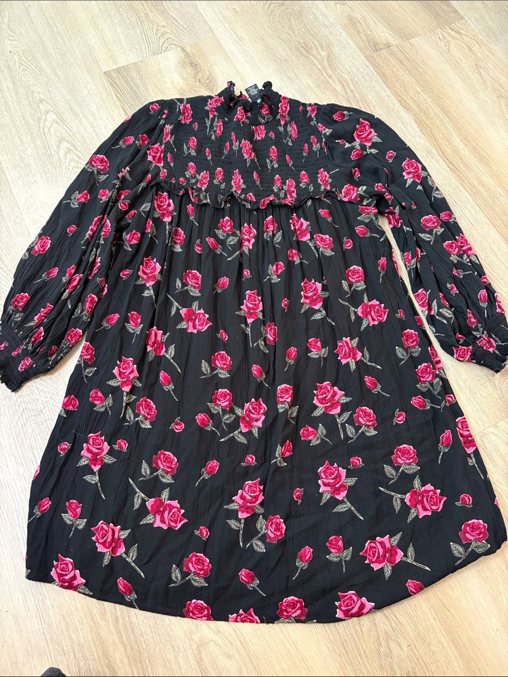 Angie Black Smocked Mock Neck Victorian Rose Floral Mini Dress Small boho